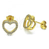 Oro Laminado Stud Earring, Gold Filled Style Heart Design, with White Micro Pave, Polished, Golden Finish, 02.94.0093