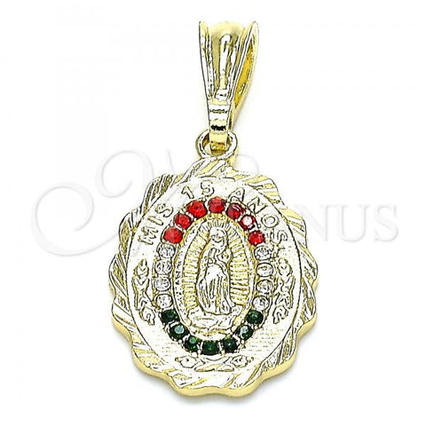 Oro Laminado Religious Pendant, Gold Filled Style Guadalupe Design, with Multicolor Crystal, Polished, Golden Finish, 05.351.0203