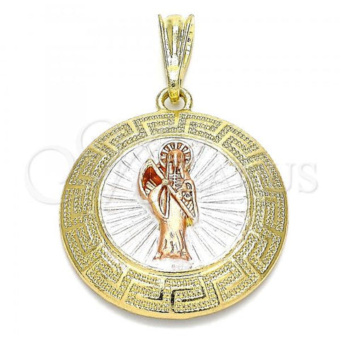 Oro Laminado Religious Pendant, Gold Filled Style Santa Muerte and Greek Key Design, Polished, Tricolor, 05.380.0041.1