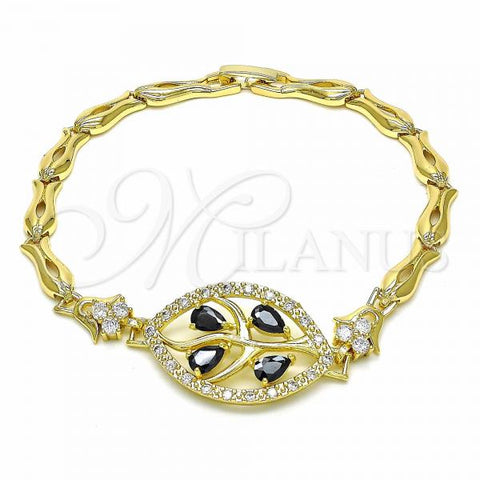 Oro Laminado Fancy Bracelet, Gold Filled Style Leaf and Fish Design, with Black and White Cubic Zirconia, Polished, Golden Finish, 03.316.0071.08