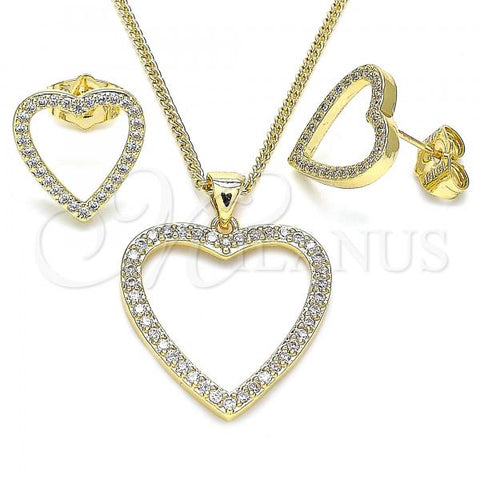 Oro Laminado Earring and Pendant Adult Set, Gold Filled Style Heart Design, with White Micro Pave, Polished, Golden Finish, 10.156.0326