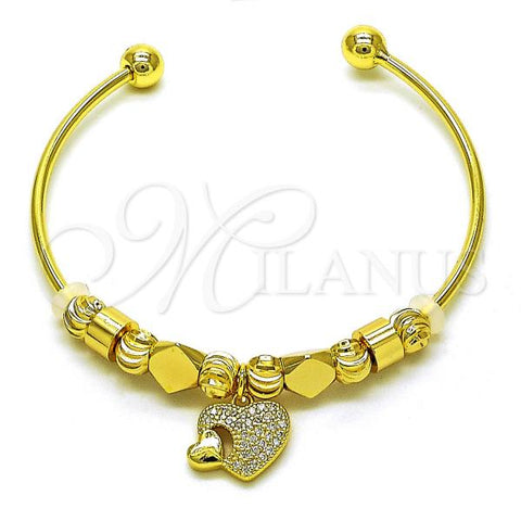 Oro Laminado Individual Bangle, Gold Filled Style Heart Design, with White Micro Pave, Diamond Cutting Finish, Golden Finish, 07.299.0004