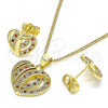 Oro Laminado Earring and Pendant Adult Set, Gold Filled Style Heart Design, with Garnet and White Micro Pave, Polished, Golden Finish, 10.199.0034.2
