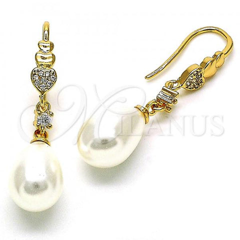 Oro Laminado Long Earring, Gold Filled Style Heart and Teardrop Design, with Ivory Pearl and White Micro Pave, Polished, Golden Finish, 02.387.0108