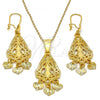 Oro Laminado Earring and Pendant Adult Set, Gold Filled Style Heart Design, Diamond Cutting Finish, Golden Finish, 10.170.0012