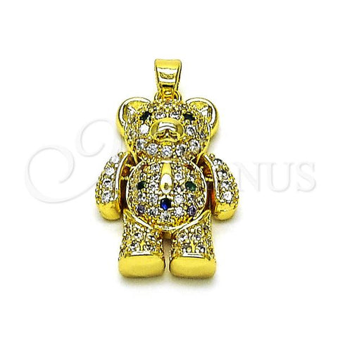 Oro Laminado Fancy Pendant, Gold Filled Style Teddy Bear Design, with Multicolor Micro Pave, Polished, Golden Finish, 05.381.0028