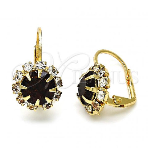 Oro Laminado Leverback Earring, Gold Filled Style Flower Design, with Garnet and White Crystal, Polished, Golden Finish, 02.122.0086.2