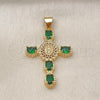 Oro Laminado Religious Pendant, Gold Filled Style Cross and Guadalupe Design, with Green and White Cubic Zirconia, Polished, Golden Finish, 05.342.0226.1