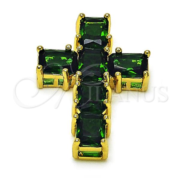 Oro Laminado Religious Pendant, Gold Filled Style Cross Design, with Green Cubic Zirconia, Polished, Golden Finish, 05.341.0100.1