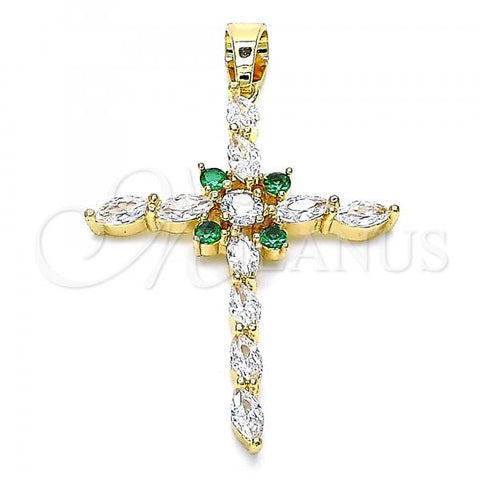Oro Laminado Religious Pendant, Gold Filled Style Cross Design, with White and Green Cubic Zirconia, Polished, Golden Finish, 05.210.0002