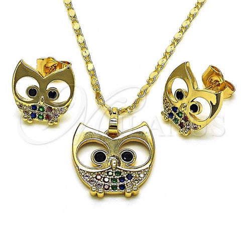 Oro Laminado Earring and Pendant Adult Set, Gold Filled Style Owl Design, with Multicolor Micro Pave and Black Cubic Zirconia, Polished, Golden Finish, 10.196.0049