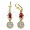Oro Laminado Long Earring, Gold Filled Style San Benito Design, with Garnet Cubic Zirconia, Polished, Golden Finish, 02.351.0030.1