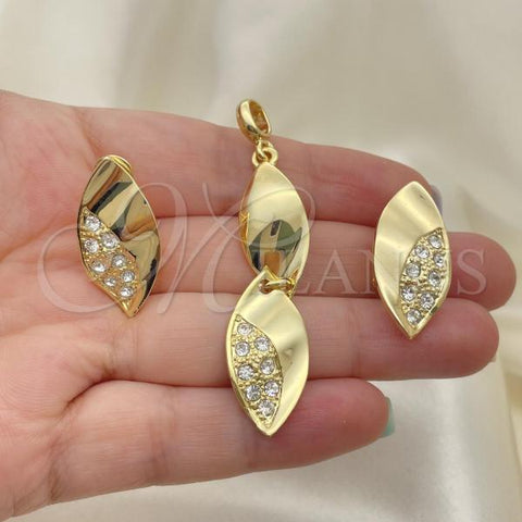 Oro Laminado Earring and Pendant Adult Set, Gold Filled Style Leaf Design, with White Cubic Zirconia, Polished, Golden Finish, 10.59.0226