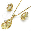 Oro Laminado Earring and Pendant Adult Set, Gold Filled Style with White Crystal, Polished, Golden Finish, 10.160.0087