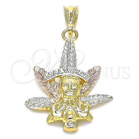 Oro Laminado Religious Pendant, Gold Filled Style Leaf Design, with White Crystal, Polished, Tricolor, 05.351.0205