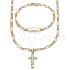 Oro Laminado Necklace and Bracelet, Gold Filled Style Crucifix and Figaro Design, Polished, Golden Finish, 06.63.0278