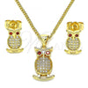 Oro Laminado Earring and Pendant Adult Set, Gold Filled Style Owl Design, with White Micro Pave and Garnet Cubic Zirconia, Polished, Golden Finish, 10.156.0375