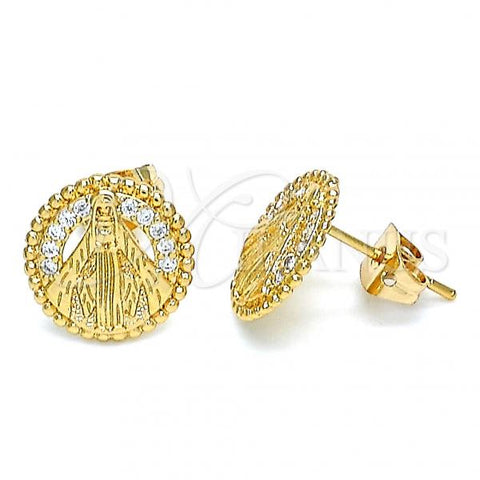 Oro Laminado Stud Earring, Gold Filled Style Caridad del Cobre Design, with White Micro Pave, Polished, Golden Finish, 02.213.0264