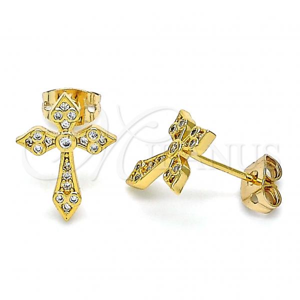 Oro Laminado Stud Earring, Gold Filled Style Cross Design, with White Micro Pave, Polished, Golden Finish, 02.213.0299