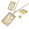 Oro Laminado Earring and Pendant Adult Set, Gold Filled Style Leaf Design, with Ruby and White Cubic Zirconia, Polished, Golden Finish, 10.233.0039.3