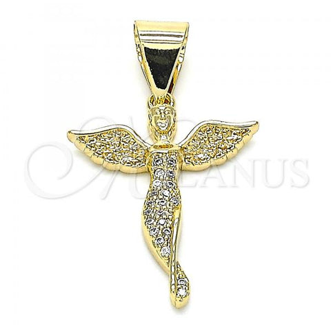 Oro Laminado Religious Pendant, Gold Filled Style Angel Design, with White Micro Pave, Polished, Golden Finish, 05.342.0026