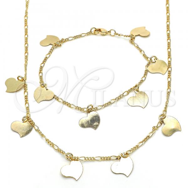 Oro Laminado Necklace and Bracelet, Gold Filled Style Heart Design, Polished, Golden Finish, 06.63.0200