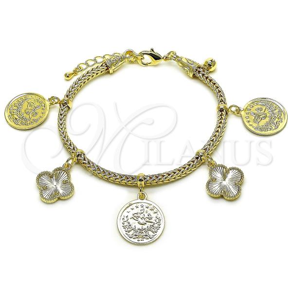 Oro Laminado Charm Bracelet, Gold Filled Style Four-leaf Clover Design, Diamond Cutting Finish, Golden Finish, 03.168.0042.07