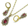 Oro Laminado Earring and Pendant Adult Set, Gold Filled Style Teardrop and Flower Design, with Ruby Cubic Zirconia and White Micro Pave, Polished, Golden Finish, 10.196.0017