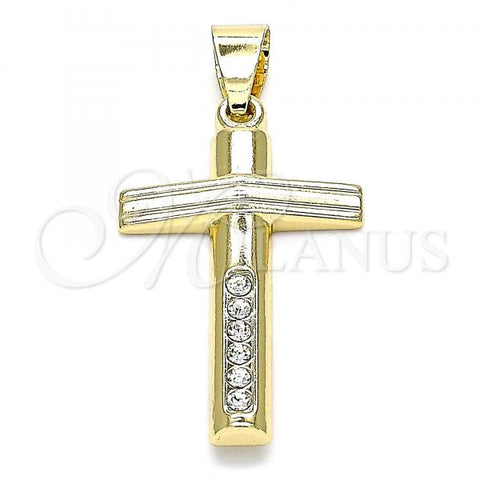 Oro Laminado Religious Pendant, Gold Filled Style Cross Design, with White Crystal, Polished, Golden Finish, 05.213.0080