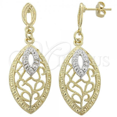 Oro Laminado Dangle Earring, Gold Filled Style Filigree Design, Diamond Cutting Finish, Two Tone, 02.55.0009