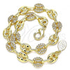 Oro Laminado Fancy Anklet, Gold Filled Style Puff Mariner Design, with White Micro Pave, Polished, Golden Finish, 04.63.1407.10