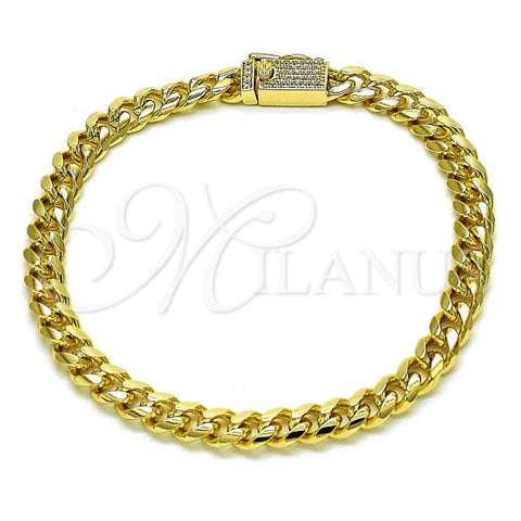 Oro Laminado Basic Bracelet, Gold Filled Style Miami Cuban Design, with White Micro Pave, Polished, Golden Finish, 04.213.0303.08