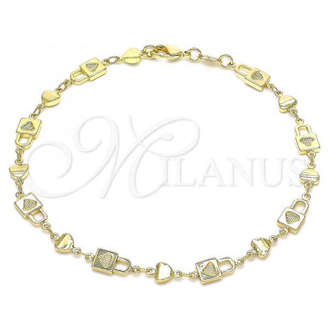 Oro Laminado Fancy Anklet, Gold Filled Style Lock and Heart Design, Polished, Golden Finish, 03.326.0022.10