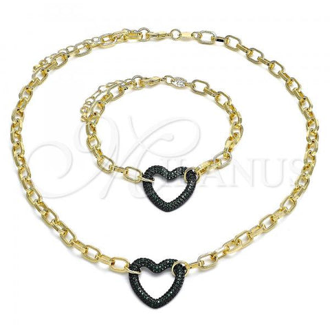 Oro Laminado Necklace and Bracelet, Gold Filled Style Paperclip and Heart Design, with Green Micro Pave, Polished, Black Rhodium Finish, 06.341.0004.4