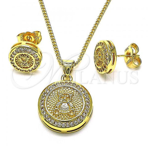 Oro Laminado Earring and Pendant Adult Set, Gold Filled Style Teddy Bear Design, with White Micro Pave, Polished, Golden Finish, 10.156.0458