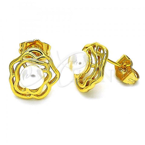 Oro Laminado Stud Earring, Gold Filled Style Flower Design, with Ivory Pearl, Polished, Golden Finish, 02.344.0129