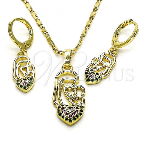 Oro Laminado Earring and Pendant Adult Set, Gold Filled Style Heart Design, with Multicolor Micro Pave, Polished, Golden Finish, 10.196.0055