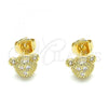 Oro Laminado Stud Earring, Gold Filled Style Teddy Bear Design, with White Micro Pave, Polished, Golden Finish, 02.156.0429