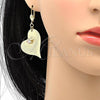 Oro Laminado Dangle Earring, Gold Filled Style Heart Design, with White Crystal, Diamond Cutting Finish, Golden Finish, 77.002