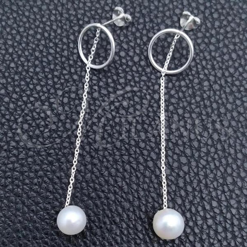Sterling Silver Long Earring, Ball Design, with Ivory Pearl, Polished, Silver Finish, 02.399.0044