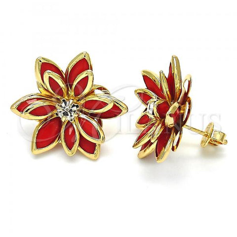 Oro Laminado Stud Earring, Gold Filled Style Flower Design, with Garnet and White Crystal, Polished, Golden Finish, 02.64.0639.2