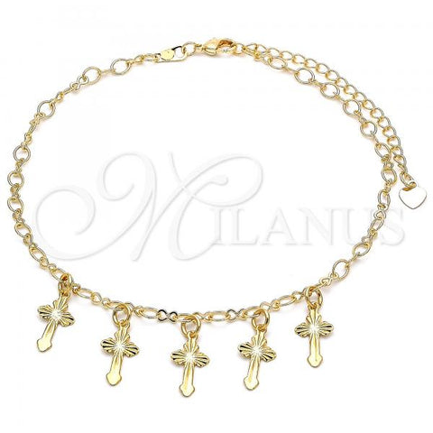 Oro Laminado Charm Anklet , Gold Filled Style Cross Design, Diamond Cutting Finish, Golden Finish, 03.63.2196.10