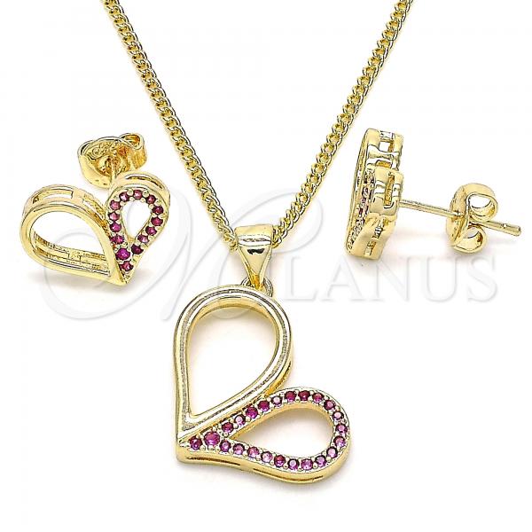 Oro Laminado Earring and Pendant Adult Set, Gold Filled Style Heart Design, with Ruby Micro Pave, Polished, Golden Finish, 10.156.0262.1