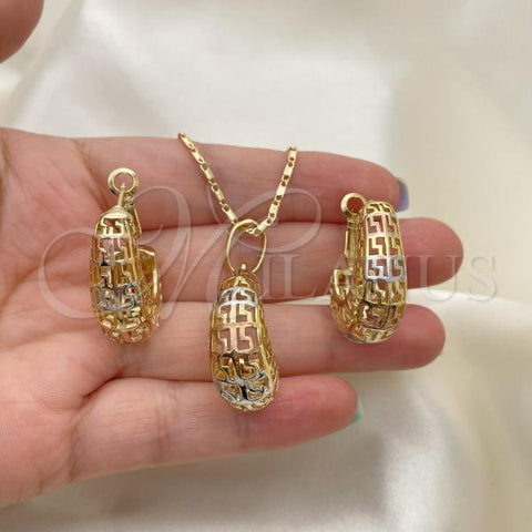 Oro Laminado Earring and Pendant Adult Set, Gold Filled Style Greek Key Design, Polished, Tricolor, 10.163.0007.1