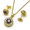 Oro Laminado Earring and Pendant Adult Set, Gold Filled Style with Garnet Cubic Zirconia and White Micro Pave, Polished, Golden Finish, 10.344.0014.5