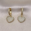 Oro Laminado Dangle Earring, Gold Filled Style Heart Design, with White Micro Pave, Polished, Golden Finish, 02.283.0088
