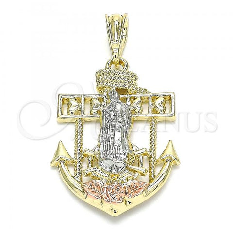 Oro Laminado Religious Pendant, Gold Filled Style Guadalupe and Anchor Design, Polished, Tricolor, 05.380.0069