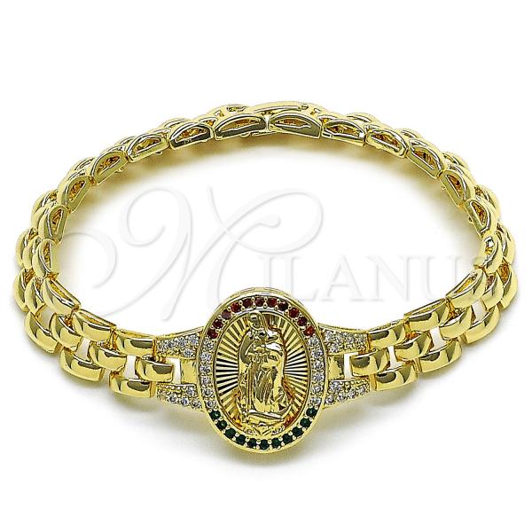 Oro Laminado Fancy Bracelet, Gold Filled Style Guadalupe Design, with Multicolor Cubic Zirconia, Diamond Cutting Finish, Golden Finish, 03.97.0001.1.08