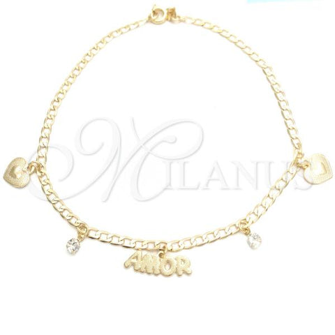 Oro Laminado Charm Anklet , Gold Filled Style Love and Heart Design, with White Cubic Zirconia, Polished, Golden Finish, 03.58.0029.10