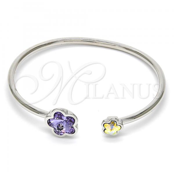 Rhodium Plated Individual Bangle, Flower Design, with Tanzanite and Aurore Boreale Swarovski Crystals, Polished, Rhodium Finish, 07.239.0011.6 (02 MM Thickness, One size fits all)